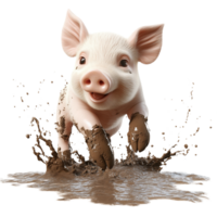 Happy 3D Cartoon Piglet Playing in Muddy Puddle Isolated on Transparent Background png