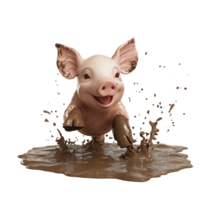 Cute 3D Cartoon Piglet Jumping in Mud Puddle Isolated on Transparent Background png