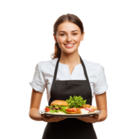 Happy Waitress with Tray of Food and Warm Smile Isolated on Transparent Background png