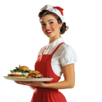Smiling Waitress Holding Tray of Food with Warm Smile Isolated on Transparent Background png