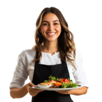 Joyful Waitress with Tray of Food and Warm Smile Isolated on Transparent Background png