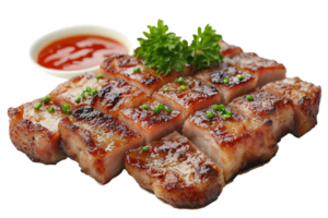 A piece of meat with sauce and garnish png