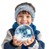 Child Holding Snow Globe with Joyful Expression in Winter Wonderland Isolated on Transparent Background png