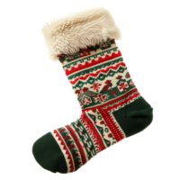 Bright Christmas Stocking Sock with Red and Green Festive Patterns Isolated on Transparent Background png