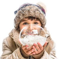 Adorable Child Holding Snow Globe with Joyful Expression in Winter Wonderland Isolated on Transparent Background png