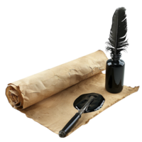 Vintage Quill and Ink Set with Parchment Scroll, Isolated on Transparent Background png