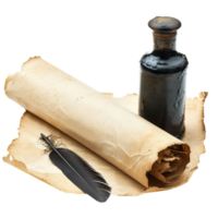 Quill and Ink Set with Parchment Paper Scroll, Isolated on Transparent Background png