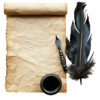 Antique Quill and Ink Set with Parchment Paper Scroll, Isolated on Transparent Background png