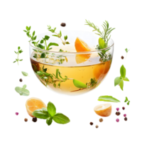 Floating Chicken Broth Surrounded by Fresh Herbs and Vegetables Isolated on Transparent Background png