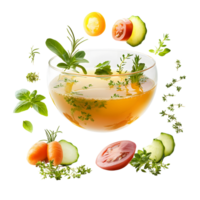 Clear Floating Chicken Broth with Fresh Vegetables and Herbs Isolated on Transparent Background png