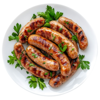 Grilled Sausages and Fresh Parsley on a Clean Plate Isolated on Transparent Background png