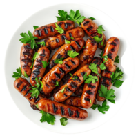 Grilled Sausages and Fresh Herbs on a Neat Plate Isolated on Transparent Background png