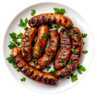 Delicious Grilled Sausages with Fresh Parsley on a Clean Plate Isolated on Transparent Background png