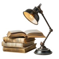 Retro Desk Lamp Casting Light on Open Books, Isolated on Transparent Background png