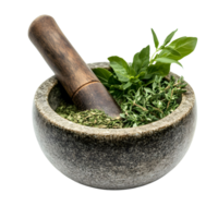 Stone Mortar and Pestle with Fragrant Herbal Blends Isolated on Transparent Background png