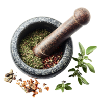 Rustic Mortar and Pestle with Crushed Herbs and Spices Isolated on Transparent Background png