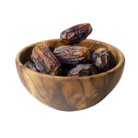 Rustic Wooden Bowl of Shiny Dried Dates, Sweet and Nutritious, Isolated on Transparent Background png