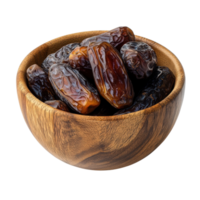 Shiny Dried Dates in a Rustic Wooden Bowl, Sweet and Nutritious, Isolated on Transparent Background png