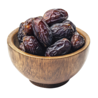Freshly Packed Dried Dates in a Rustic Wooden Bowl, Sweet and Delicious, Isolated on Transparent Background png