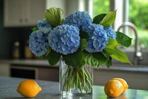 Beautiful Arrangement of Blue Hydrangeas With Oranges in a Kitchen Setting During Daylight photo