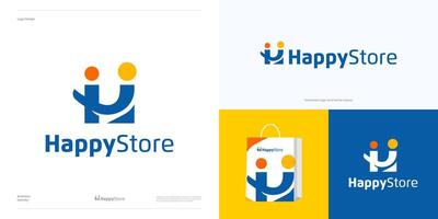 Happy store logo icon design, smile with initial letter H for e commerce and store logo or shop logo, simple playful symbol H with people connection and hub illustration templates. vector