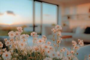 Beautiful Flowers in a Cozy Living Room at Sunset With Scenic View photo