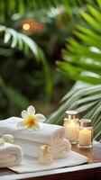 Spa Setting With Fresh Towels, Candles, and Decorative Flower in a Lush Environment photo
