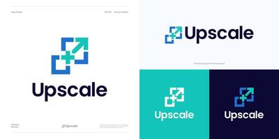 Resize logo icon design for up scale resolution size digital image maintaining. Enhancing quality, Add pixels detail image, Logo arrow, plus and square, Maximize or extend scalable vector