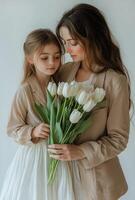 Mother and Daughter Sharing a Tender Moment With White Tulips in a Minimalist Setting photo