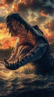 Crocodile Surfaces at Sunset in a Serene Water Setting photo