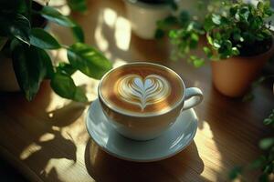 Enjoying a Warm Latte Art Coffee Accompanied by Lush Green Plants in a Cozy Cafe Setting photo