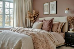 Elegant Bedroom With Soft Hues and Luxurious Bedding in a Modern Style photo