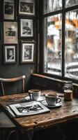 Cozy Cafe Corner With Coffee and a Newspaper in a Rustic Setting During the Morning photo