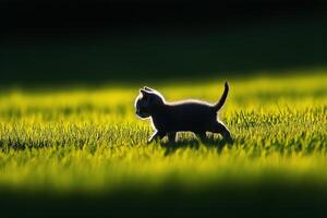 Cute Kitten Exploring a Sunlit Grassy Field During Early Morning Hours photo