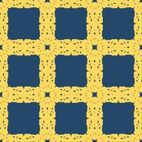 Symmetrical repeating pattern. Gold ornamental shapes. Dark blue square voids. Decorative motif. Fabric textile design. Wallpaper background. Intricate geometric elements. vector
