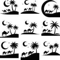 Camel Silhouette Set with Palm Trees, Moon, and Stars on White Background vector