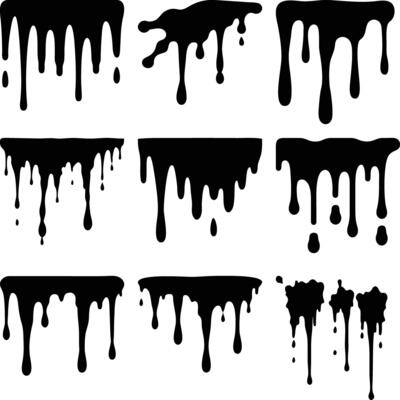 Dripping Black Paint Set, Flowing Stain Elements, Isolated Smudges on White Background