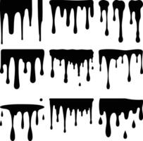 Dripping Black Paint Collection, Abstract Ink Flows, Stain Blob Patterns, White Backdrop vector