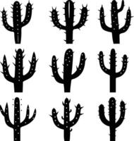 Nine Silhouetted Cactus Illustrations with Needles and Spots on Transparent Background vector