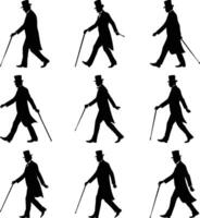 Silhouette Men with Top Hats, Tails, and Canes Walking in a Row Pattern vector