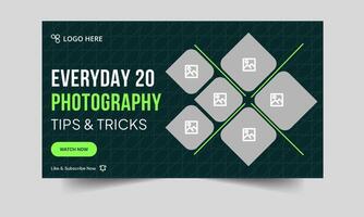 Customizable photography tips and tricks thumbnail banner design, daily photography techniques cover banner design, fully editable eps 10 file format vector