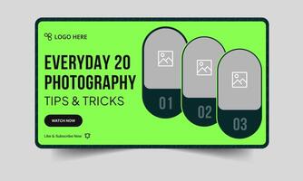 Editable photography tips and trick thumbnail banner design, daily photography techniques cover banner, customizable eps 10 file format vector