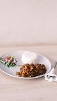chicken fried rice with vegetables and salad on white plate photo