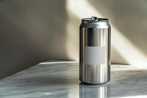 A sleek aluminum can with a blank white label, placed on a marble surface with soft natural light and shadows, ideal for branding and customizable product design photo