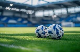 A close-up of a football resting on the field, with sharp white lines and textured grass. A powerful image symbolizing competition, passion, and the essence of the game photo