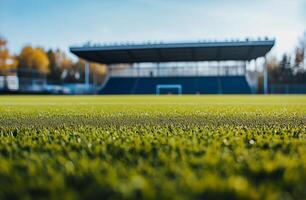 A panoramic view of a football field with bright green turf and white boundary lines. The wide-open space is perfect for sports-themed visuals, teamwork concepts, and dynamic action shots. photo