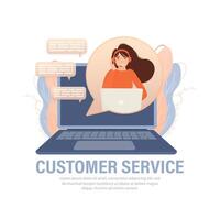 Call center, hotline flat illustrations. Smiling office workers with headsets cartoon characters. Character with headphones and microphone with laptop. vector