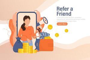 Template with refer a friend man holding megaphone on white background for flyer design. illustration in flat style. vector