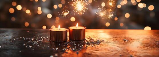 Romantic atmosphere with burning candles, sparkling fireworks, and festive bokeh background creating a cozy celebration or special occasion ambiance photo