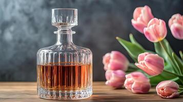 Elegant glass decanter filled with amber liquor beside fresh pink tulips on a wooden table, creating a refined and inviting atmosphere for any setting photo